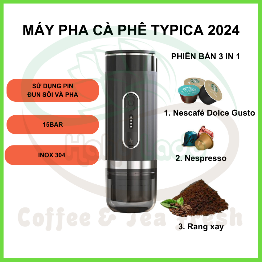 Máy Pha Cà Phê Espresso Mini Cầm Tay TYPICA 2024 3IN1 Hahulado Đun Nước Nóng Bằng Pin, Pha Cà Phê Bột, Nespresso và Dolce Gusto Nhỏ Gọn Và Tiện Lợi