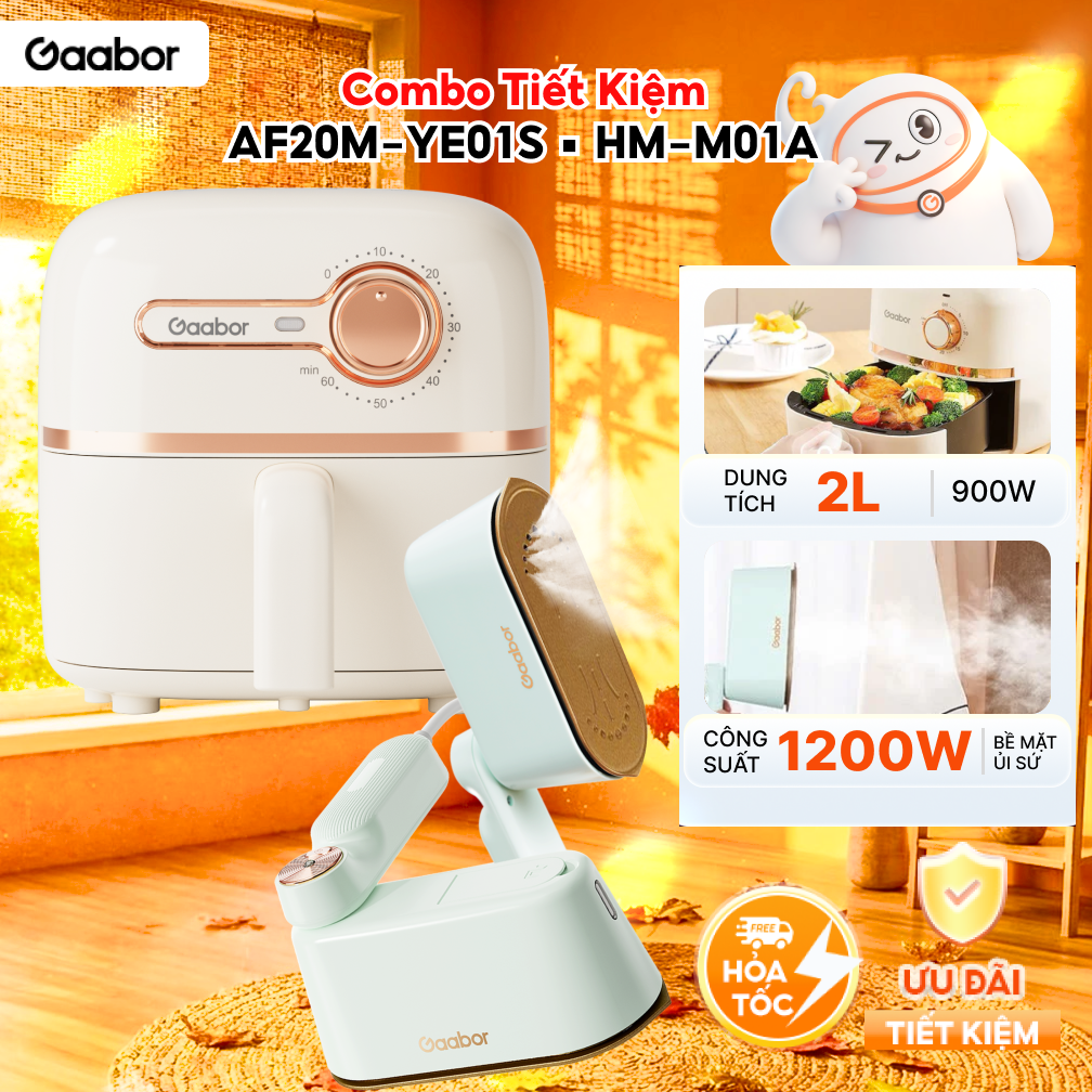 Combo 385 Nồi chiên không dầu 2L Gaabor AF20M-YE01S lòng chống dính hẹn giờ đến 60 phút và bàn ủi hơi nước cầm tay Gaabor HM-M01A tay cầm gấp gọn 180 độ - Bảo hành 12 tháng 1 đổi 1