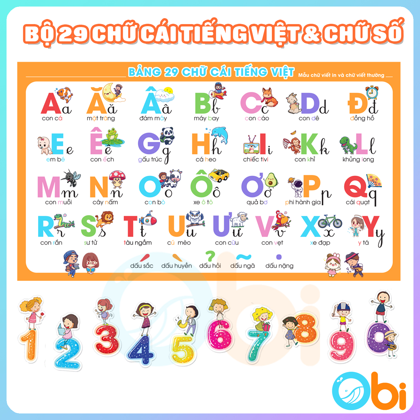 Bộ decal bảng 29 chữ cái tiếng việt và chữ số từ 0 đến 9 obi