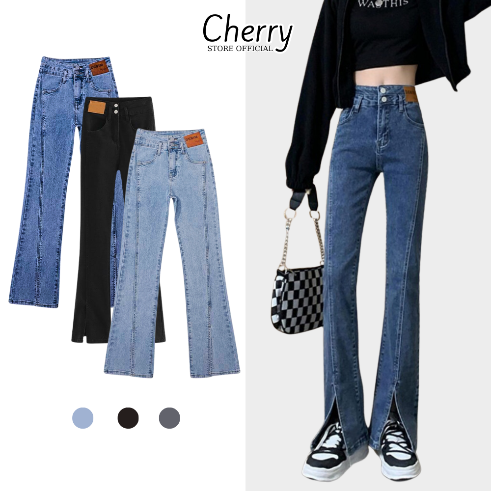 Quần jean nữ ống loe xẻ gấu trước CHERRY dáng suông lưng cao, quần bò nữ xẻ giữa dáng đứng ống rộng cạp cao basic T068