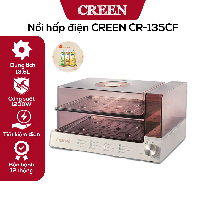 Nồi hấp điện 2 tầng dung tích 13.5l creen cr-135cf, nồi hấp đa năng hâm nóng thức ăn hấp cách thủy bảo hành 12 tháng