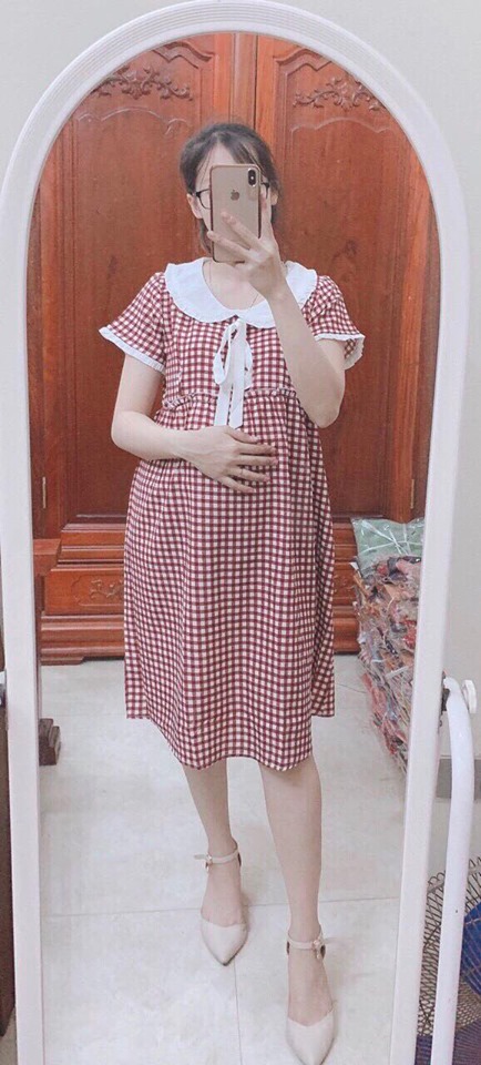 Đầm Bầu Dáng Babydon có khóa trước ngực cho bé ti sau sinh