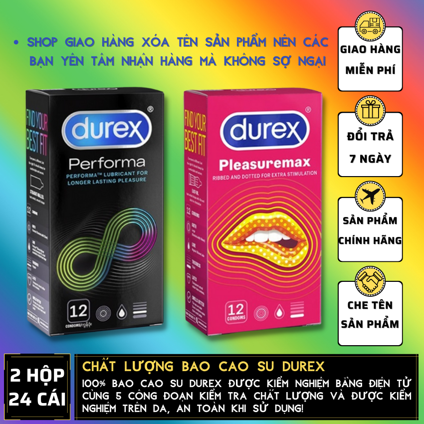 [02 Hộp] Bao Cao Su Durex Performa kéo dài thời gian quan hệ + Durex Pleasuremax gân gai [Che tên sản phẩm]