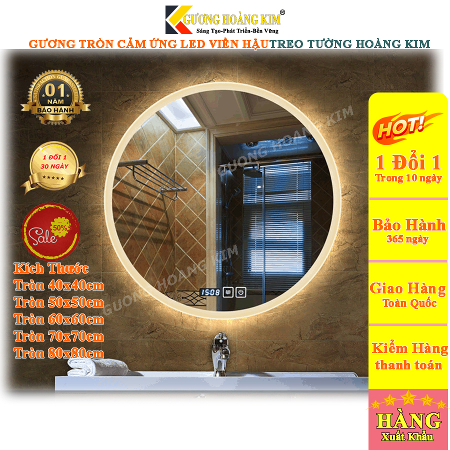 Gương tròn cảm ứng đèn led nhà tắm phòng wc thông minh treo tường trang điểm makeup tròn D40,D50,D60cm guonghoangkim HK0006