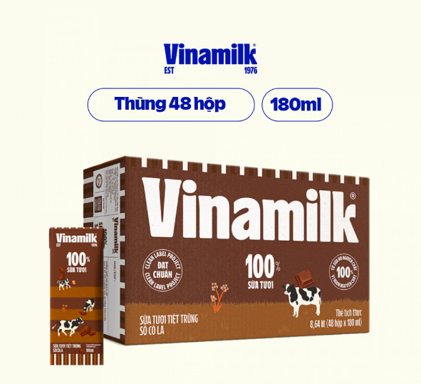 Thùng 48 Hộp Sữa Tươi Vinamilk 100% Hương Sôcola 180ml