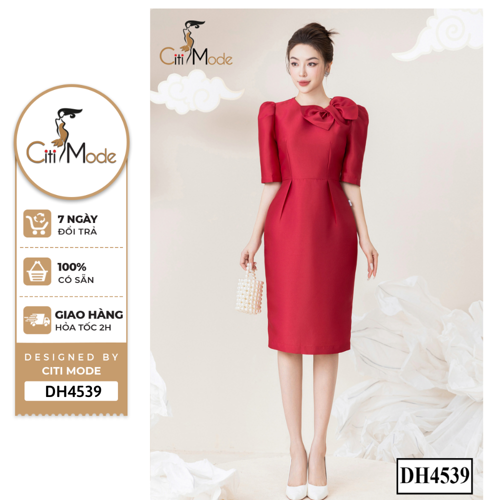Đầm công sở citi mode fashion thiết kế dáng ôm đỏ phối nơ vai đính nơ dh4539