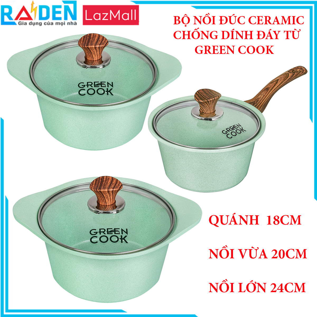 Bộ 3 nồi đúc quánh đúc Ceramic nắp kính chống dính 5 lớp đáy từ Greencook GCS05 Size 18cm/20cm/24cm dùng cho bếp từbếp gabếp hồng ngoạibếp củi-Hàng chính hãng