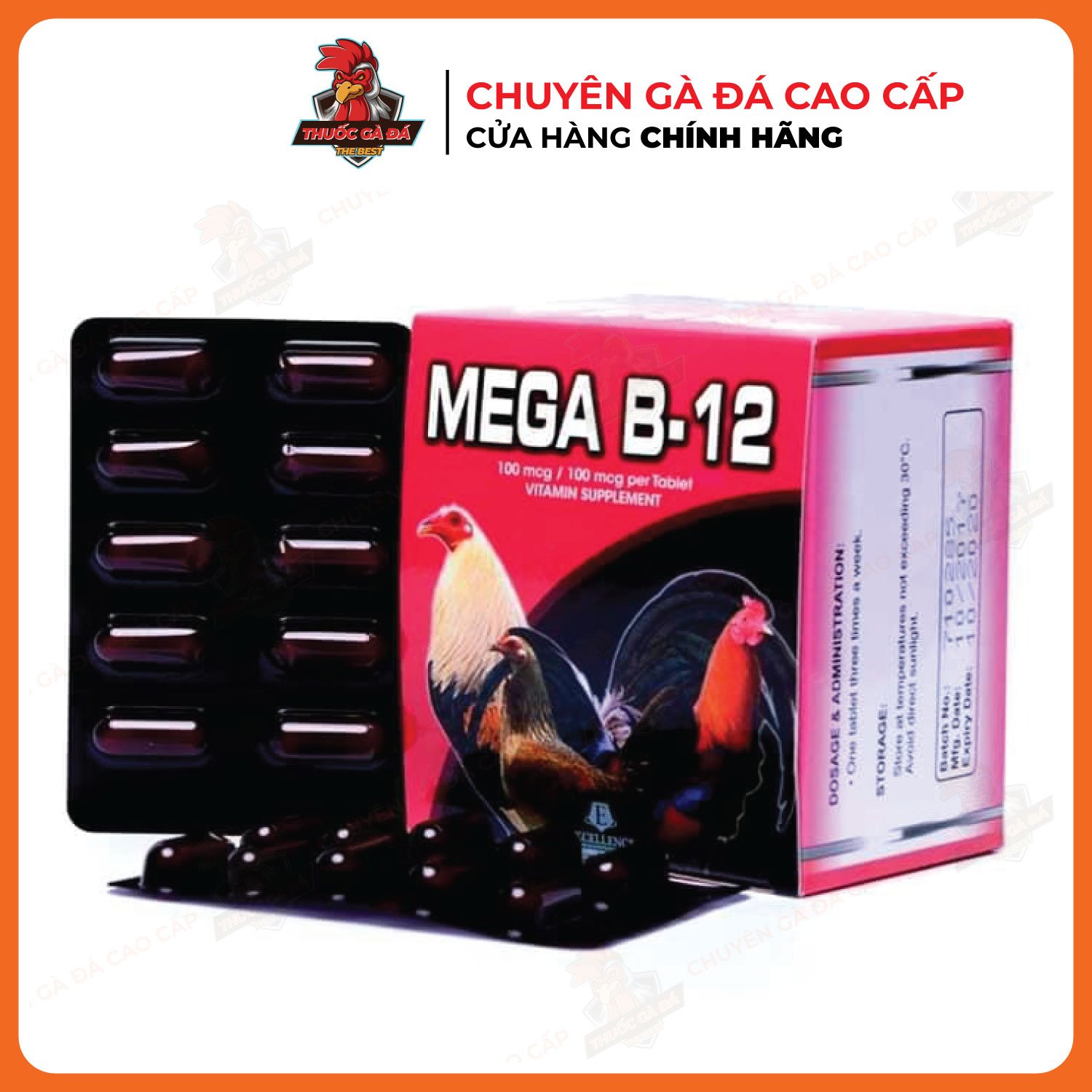B12 - mega tăng nước máu, hừng gà, bo lớn cho gà đá 1 vỉ 10 viên
