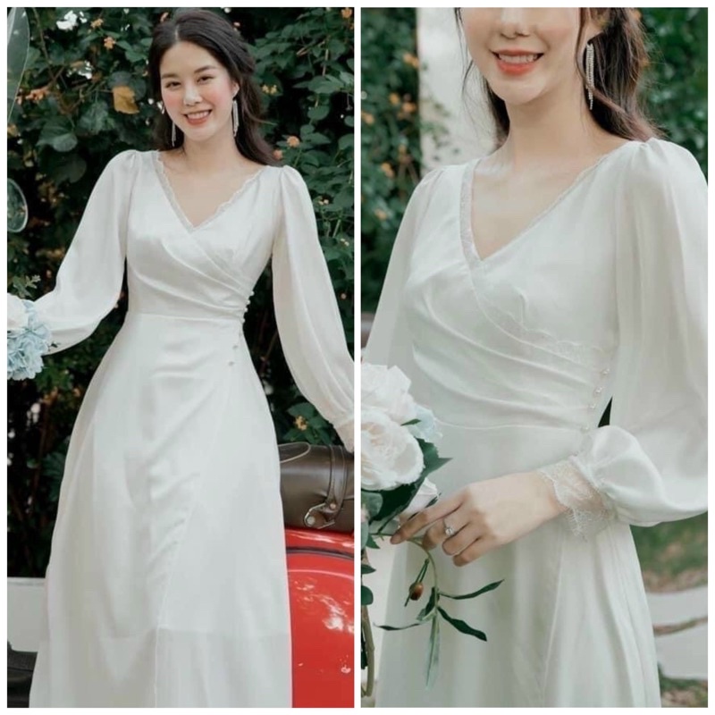 Đầm trắng tay dài, viền ren, nút eo ms49