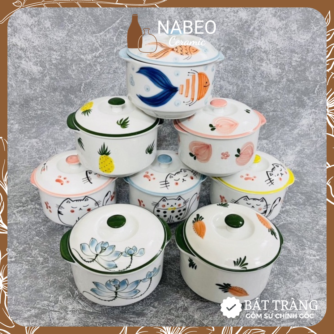 Bát sứ chưng yến bát tràng, thố cơm ăn dặm, âu nhỏ, có nắp, dung tích 600ml - gốm sứ bát tràng