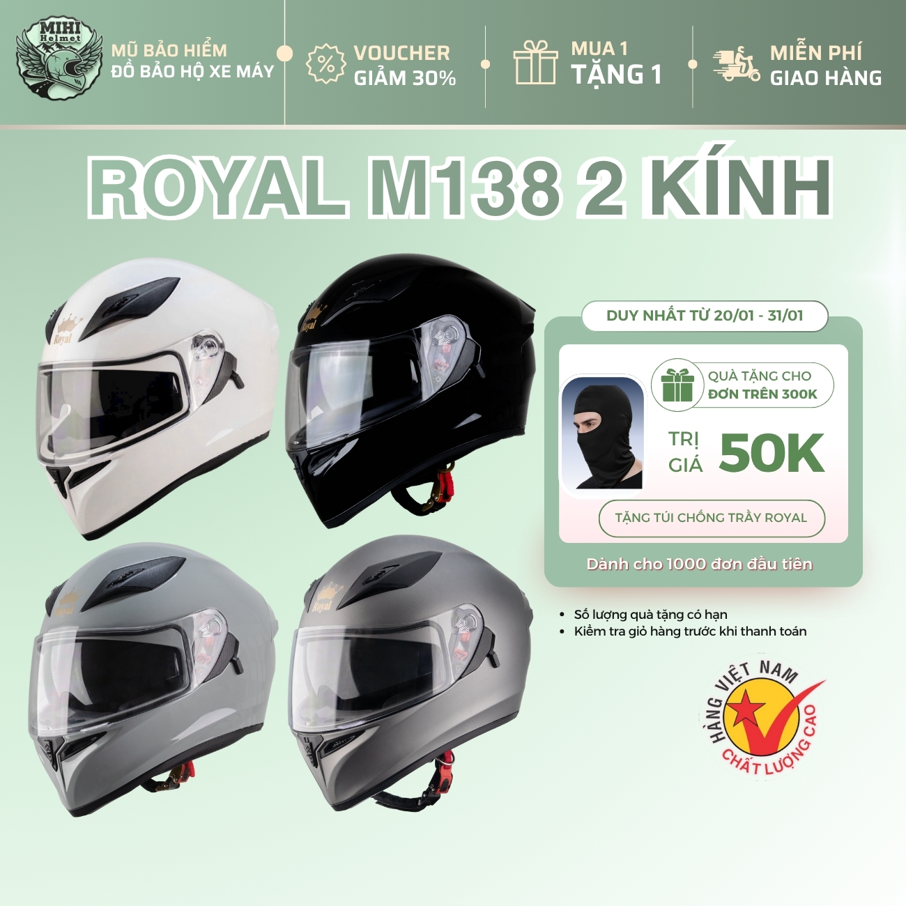 Fullface Royal M138 Hat with 2 Multi-Colored Glasses - Giá 800,000 Đồng*Miễn phí vận chuyển