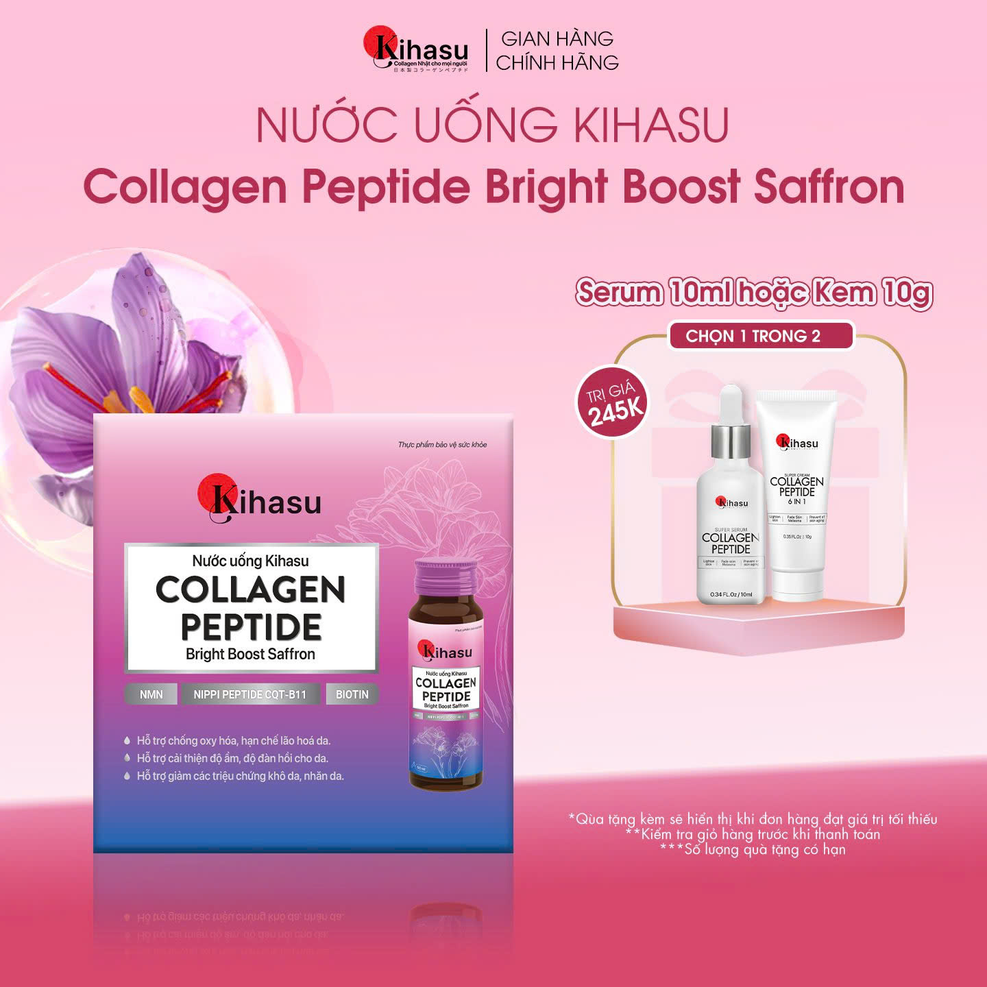 Nước Uống Collagen Kihasu Tăng Cường Saffron Giúp Chống Lão Hóa, Bổ Sung Độ Ẩm, Tăng Độ Đàn Hồi Cho Da Dạng Chai 30ml