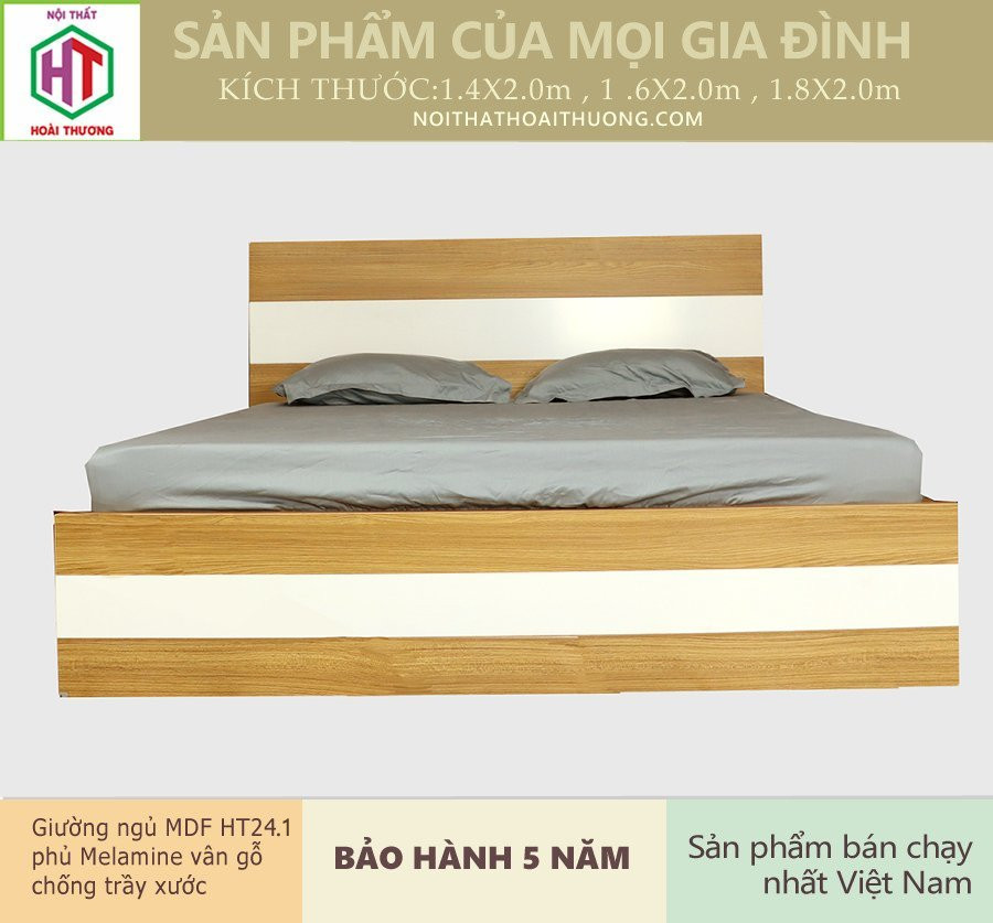 [HCM]Giường Ngủ HT24.1 MDF Phủ Melamine Vân Gỗ chống trầy xước