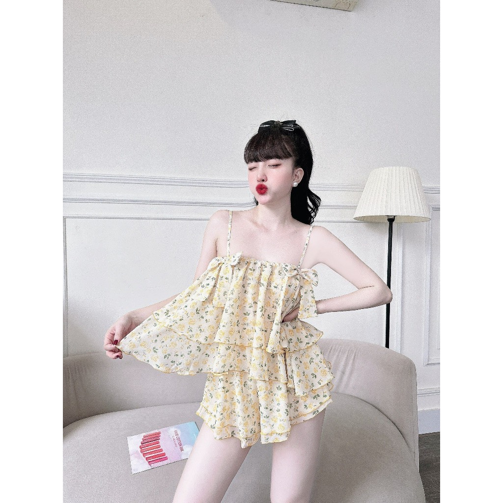 Đồ ngủ nữ 2 dây voan 2 tầng nơ hoa nhí freesize 65kg
