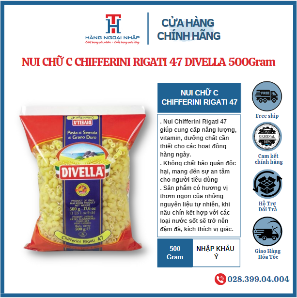 Nui chữ c chifferini rigati 47 divella - 500gr