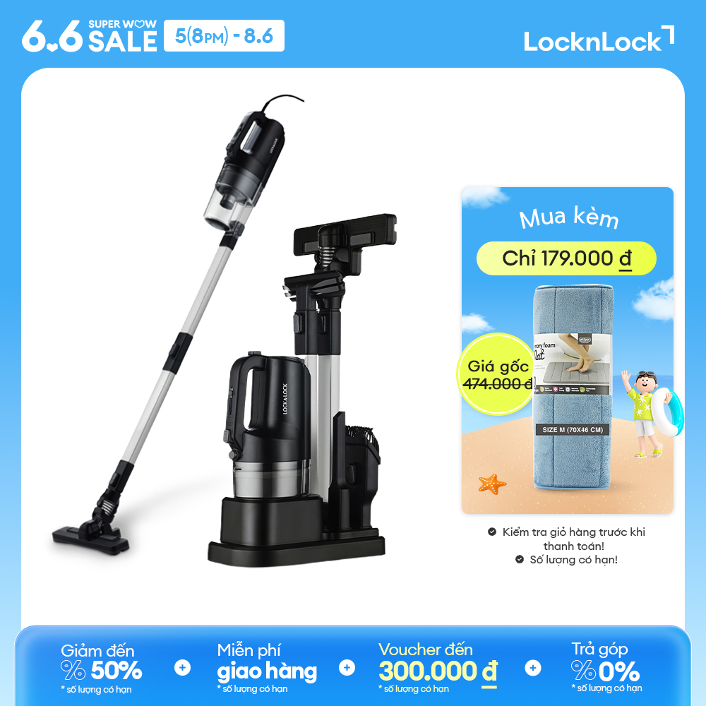 ENV336BLK - Máy hút bụi cầm tay có dây LockLock - Lực hút 12000Pa, Phụ kiện tháo rời, Hút đa năng đệm giường, ô tô - Kệ dựng tiện lợi