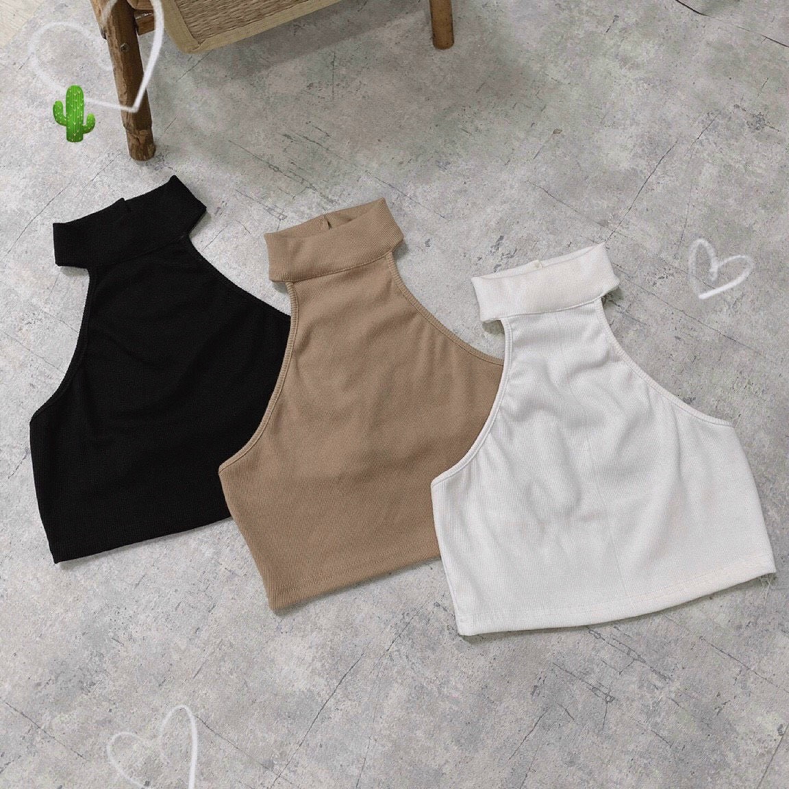 Áo Croptop thun gân cổ lọ hở lưng sát tay full tem mác Pc