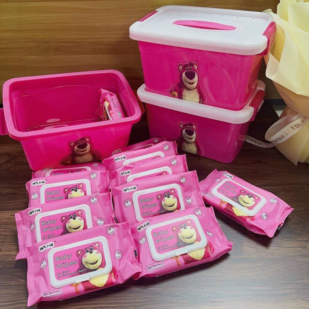 Thùng giấy ướt gấu 10 gói - thùng giấy gấu tím - khăn ướt hình gấu hồng tặng kèm xô