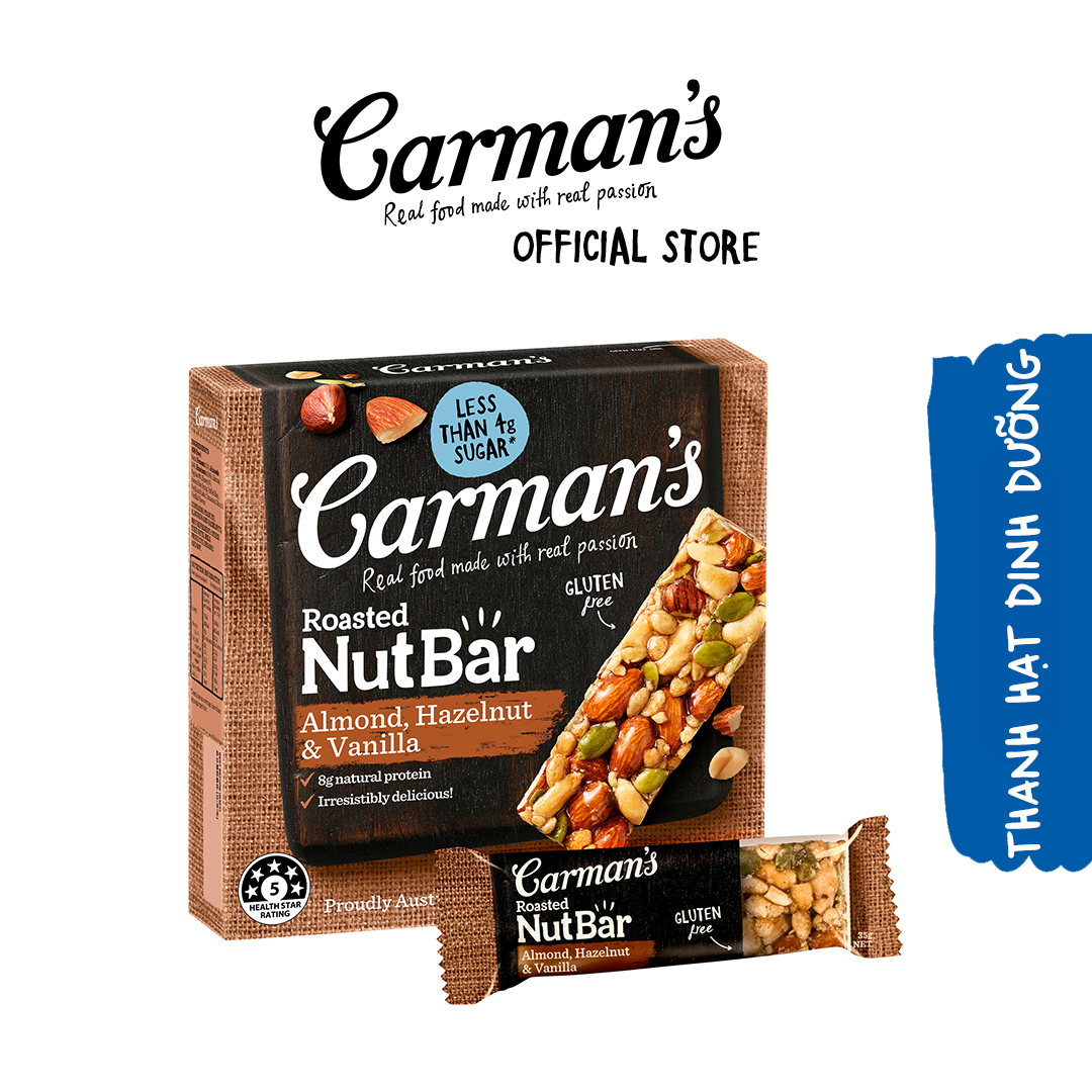 Thanh dinh dưỡng carman's không gluten vị hạnh nhân hạt phỉ & vani - nut bars almond hazelnut & vanilla hộp 5×35g