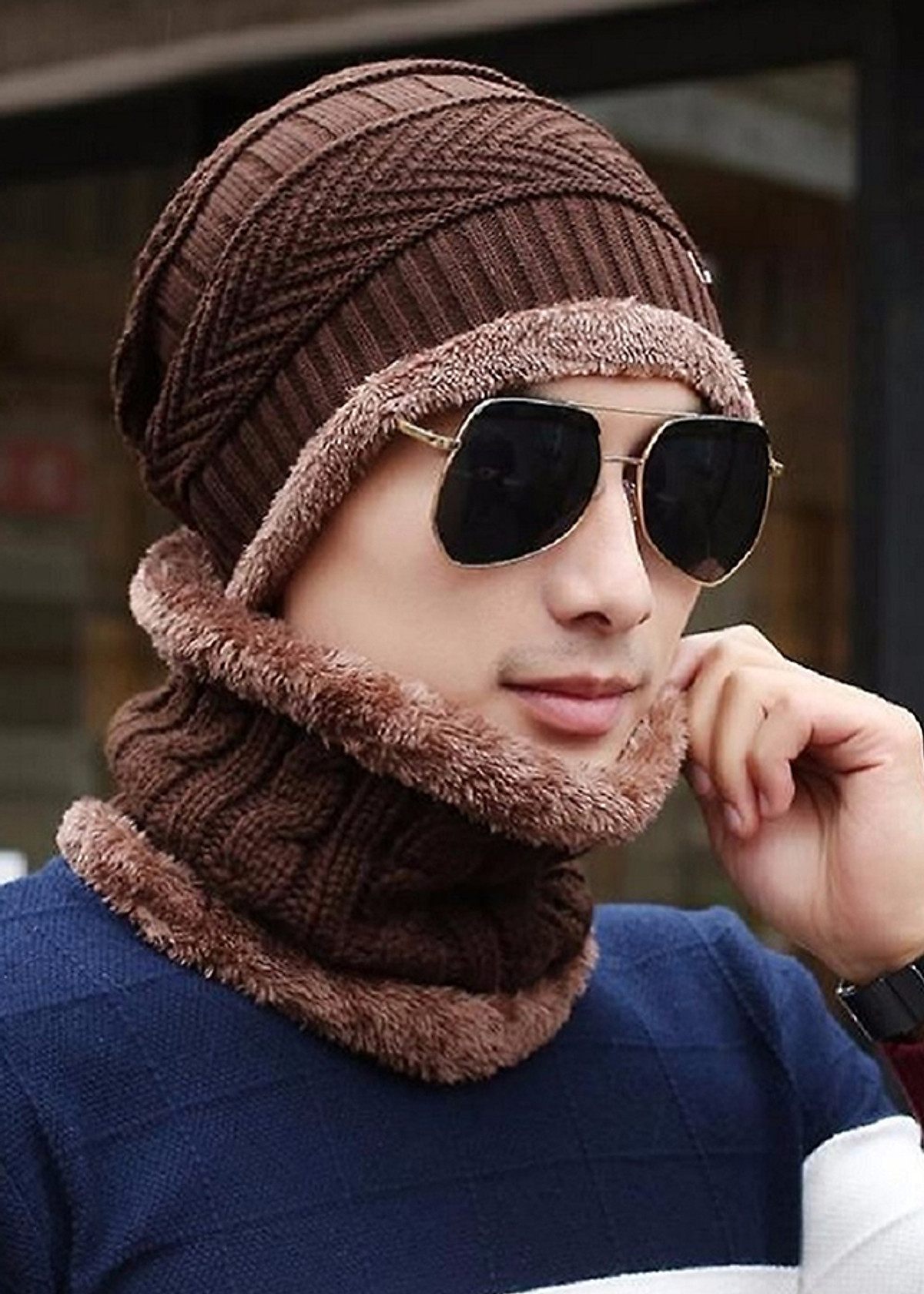 Set mũ len kèm khăn ống lót lông cho nam nữ siêu ấm