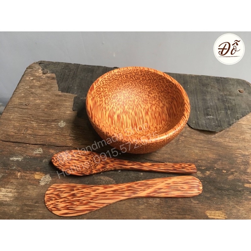Combo 3 món chén dừa dk 9cm + que trộn + muỗng múc bột gỗ dừa thiên nhiên 100%