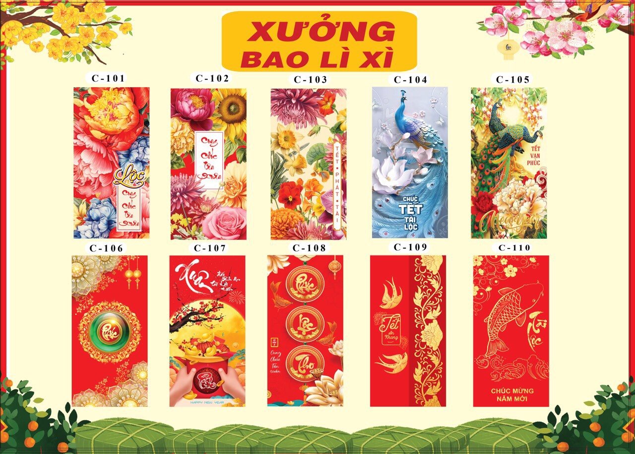 100 bao lì xì hoa văn lộng lẫy - giấy C150 bóng 2024, bao lì xì tết