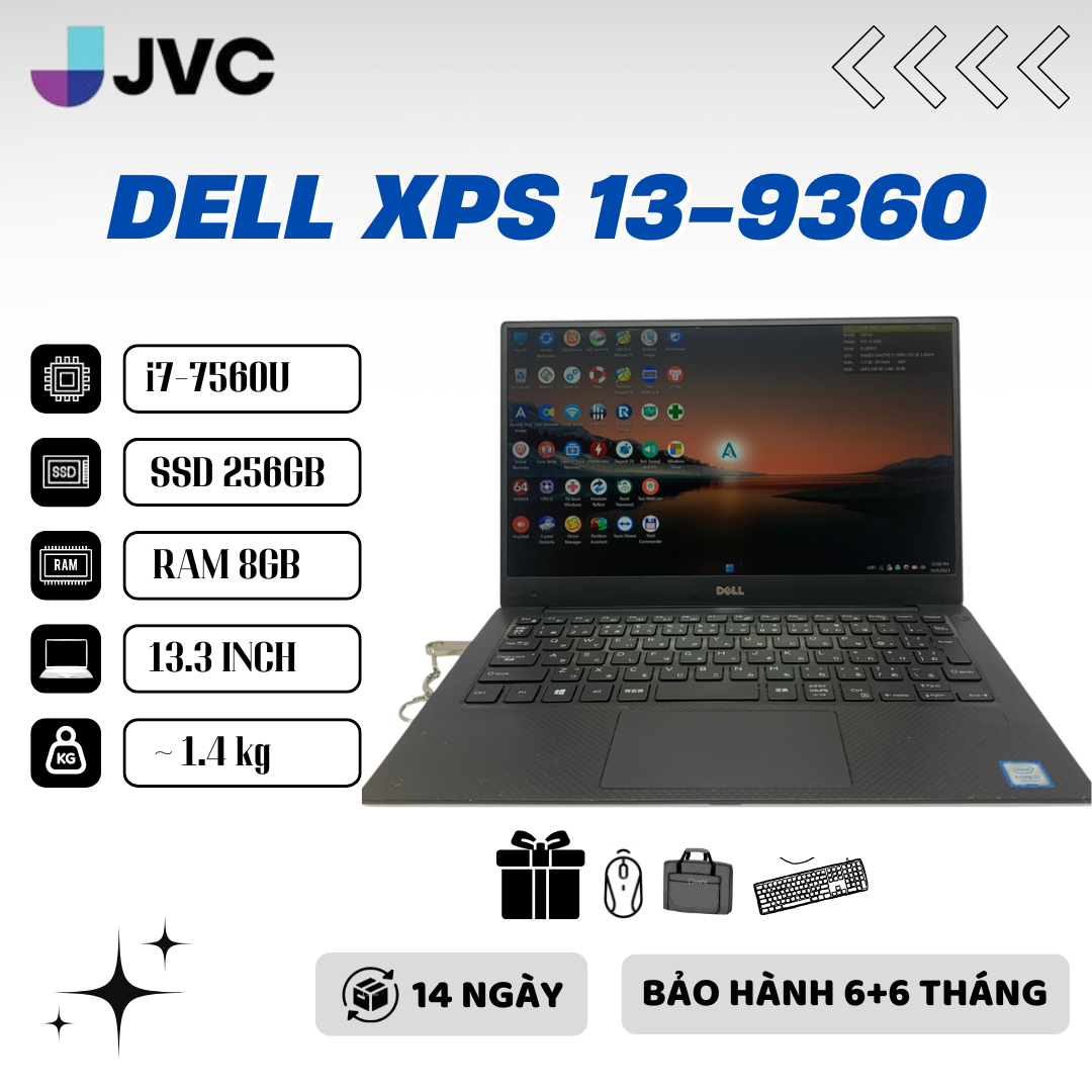 Laptop xách tay Dell Xps 13-9360 i7 7560U/ 8GB/ 256GB PCIe/ 13.3" FHD/ Win 10 Pin90%