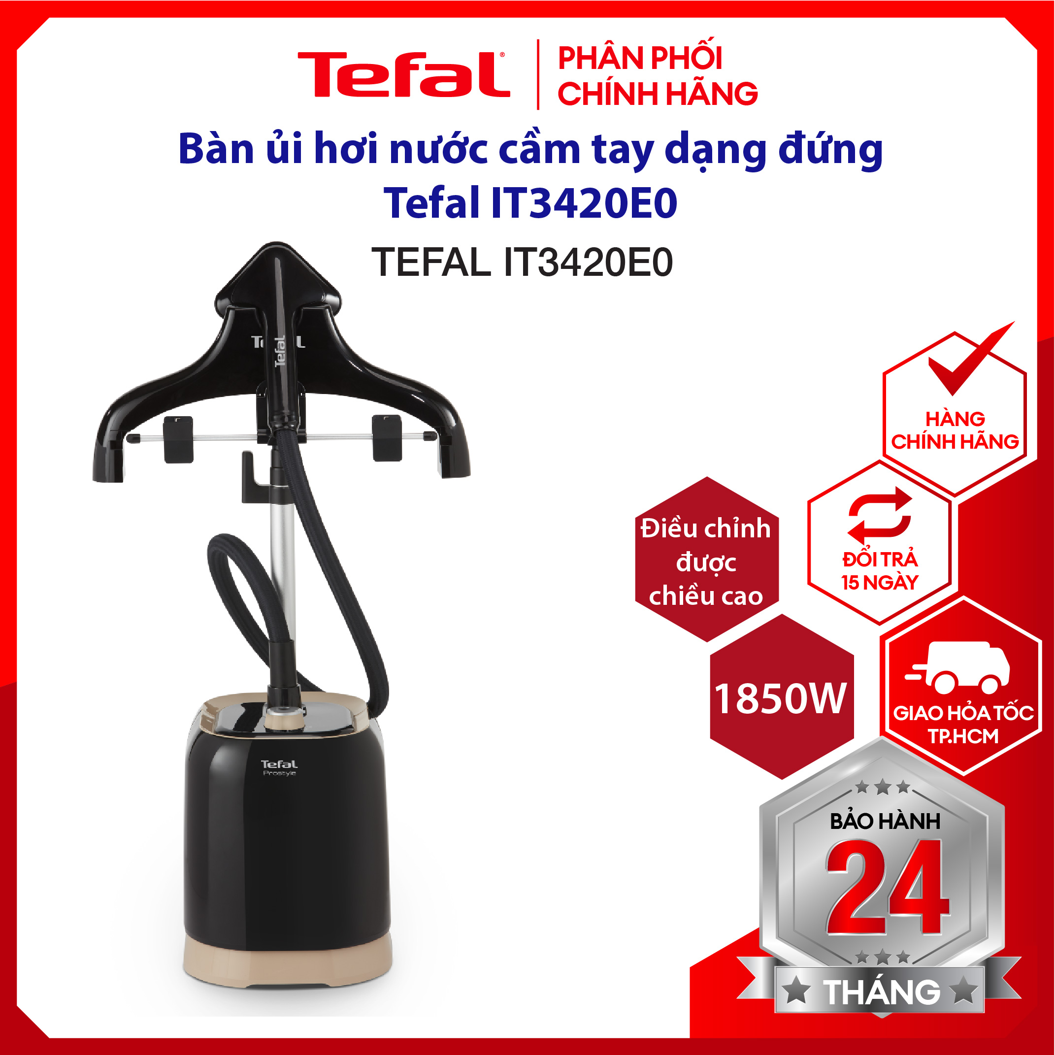 |HỎA TỐC 2H| Bàn ủi hơi nước cầm tay, bàn là hơi nước đứng Tefal IT3420E0 - dung tích 1.5L - 1800W - hơi phun 30G/ phút - tăng chỉnh chiều cao - bảo hành 2 năm