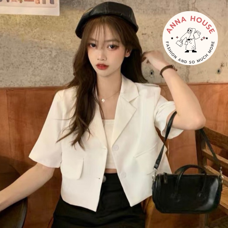 Áo khoác Blazer nữ dáng croptop ngắn tay form rộng cổ vest túi nắp, Áo blazer nữ khoác ngoài dáng ngắn cộc tay cổ vest