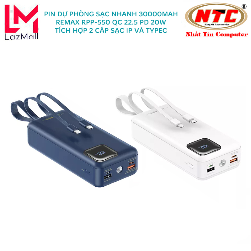 Pin dự phòng sạc nhanh Remax RPP-550 Suji Series 30000mAh tích hợp 2 cáp sạc và đèn pin chiếu sáng - hỗ trợ QC 22.5W và PD 20W (2 màu tuỳ chọn) Nhất Tín chính hãng