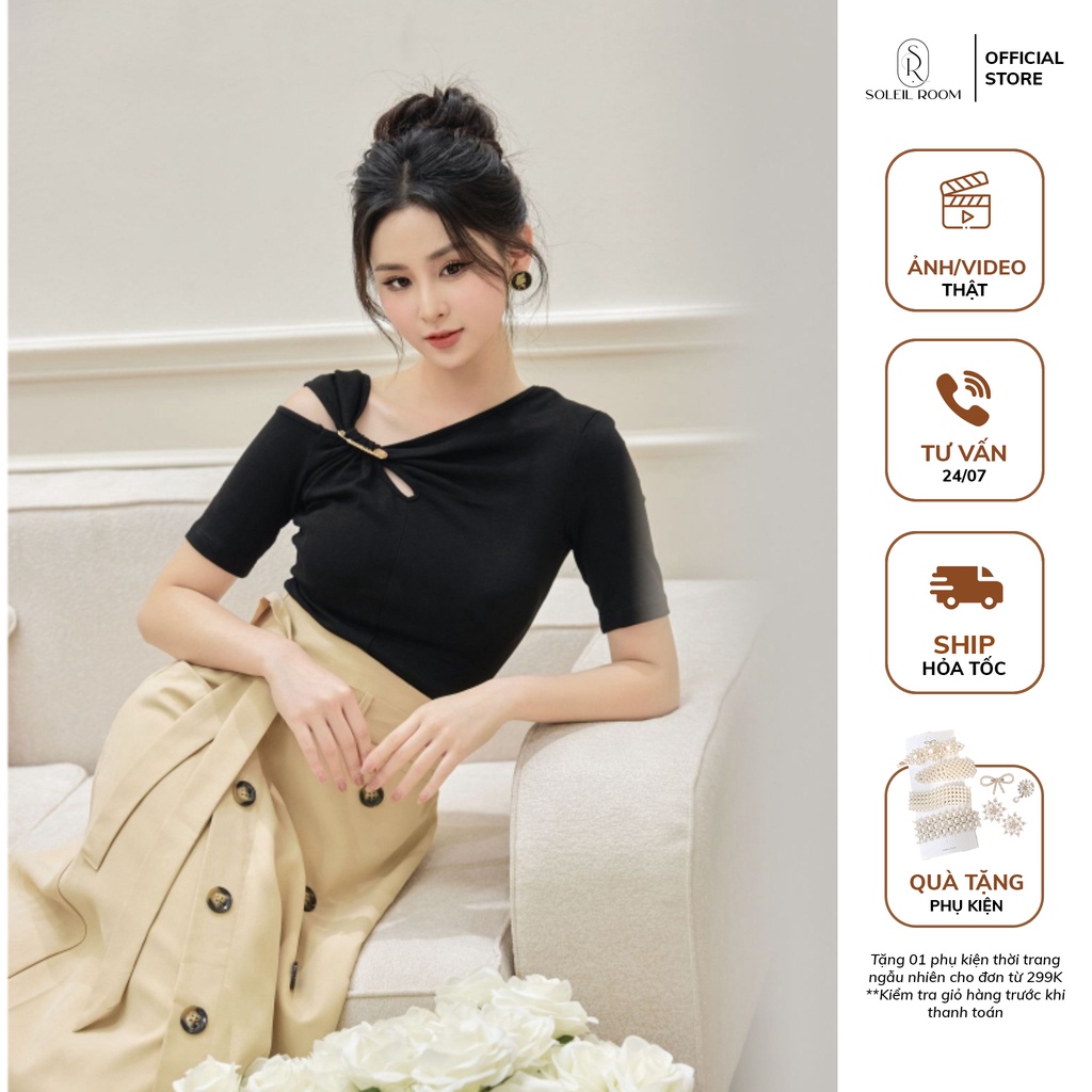 Áo thun nữ cotton tay lỡ ôm body cài tag ghim băng cách điệu co giãn 4 chiều balley top