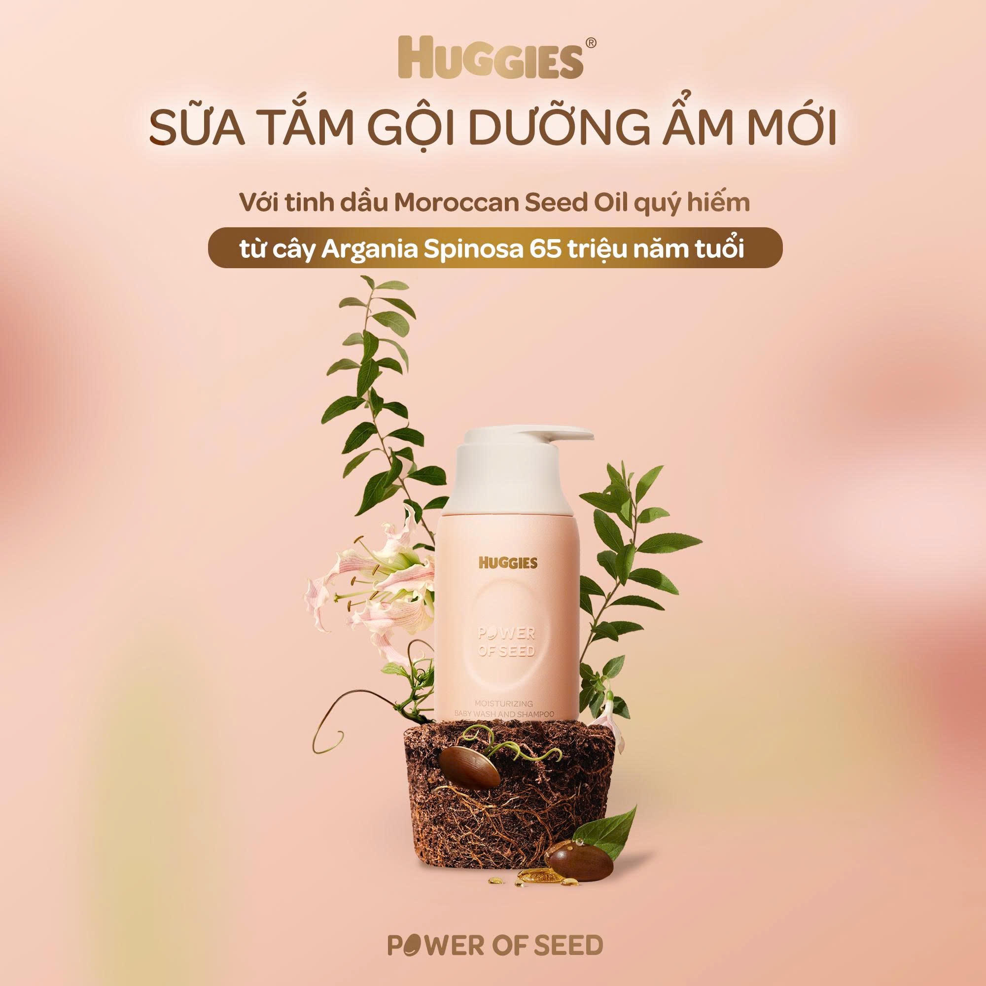 Sữa tắm gội dưỡng ẩm cho bé Huggies Power of Seed 260g MỚI với tinh chất Moroccan Seed oil quý hiếm