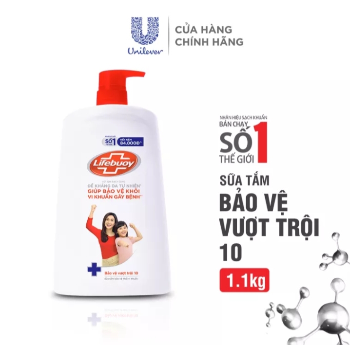 Sữa tắm Lifebuoy 1,1kg. Sữa tắm Lifebuoy với ion bạc bảo vệ vượt trội 10 khỏi vi khuẩn. Chai 1,1kg ch79
