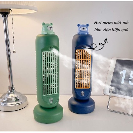 Quạt điều hoà phun sương, Quạt tháp phun sương hơi nước tích điện để bàn decor hình gấu dễ thương