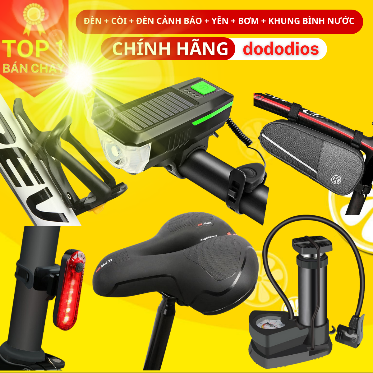 Đèn xe đạp thể thao siêu sáng + Còi Xe Đạp + Yên Xe Đạp + Túi Treo Xe Đạp