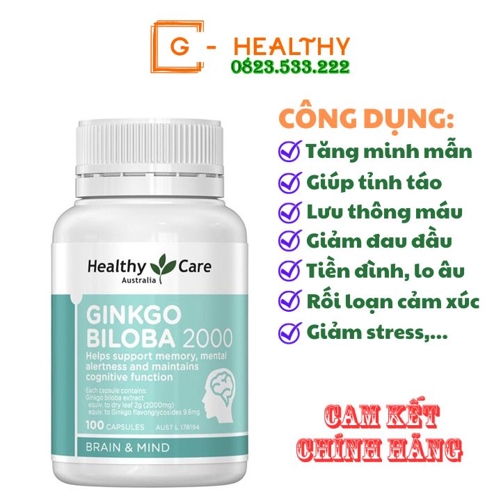 Viên uống bổ não Healthy Care Ginkgo Biloba 2000 mg ÚcTăng tuần hoàn máu