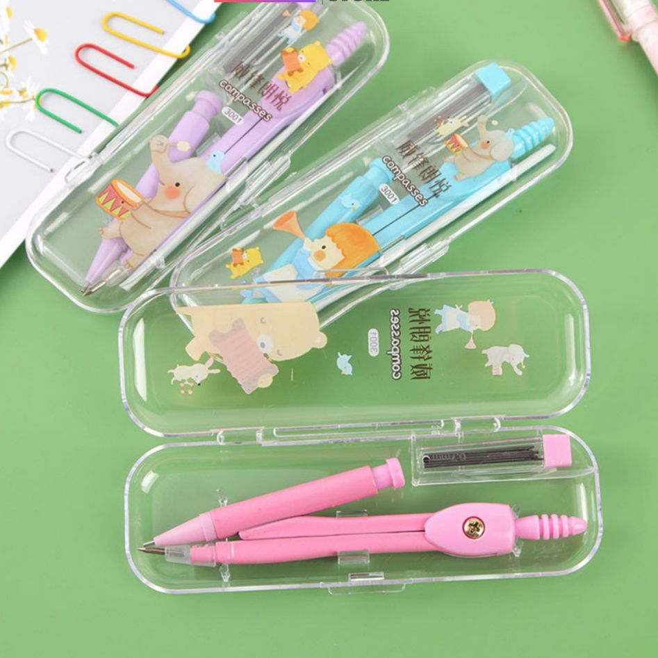 Compa học sinh, bộ compa kèm ngòi, compa bấm ngòi kim, 3 màu dễ thương, vẽ kĩ thuật dành cho học sinh