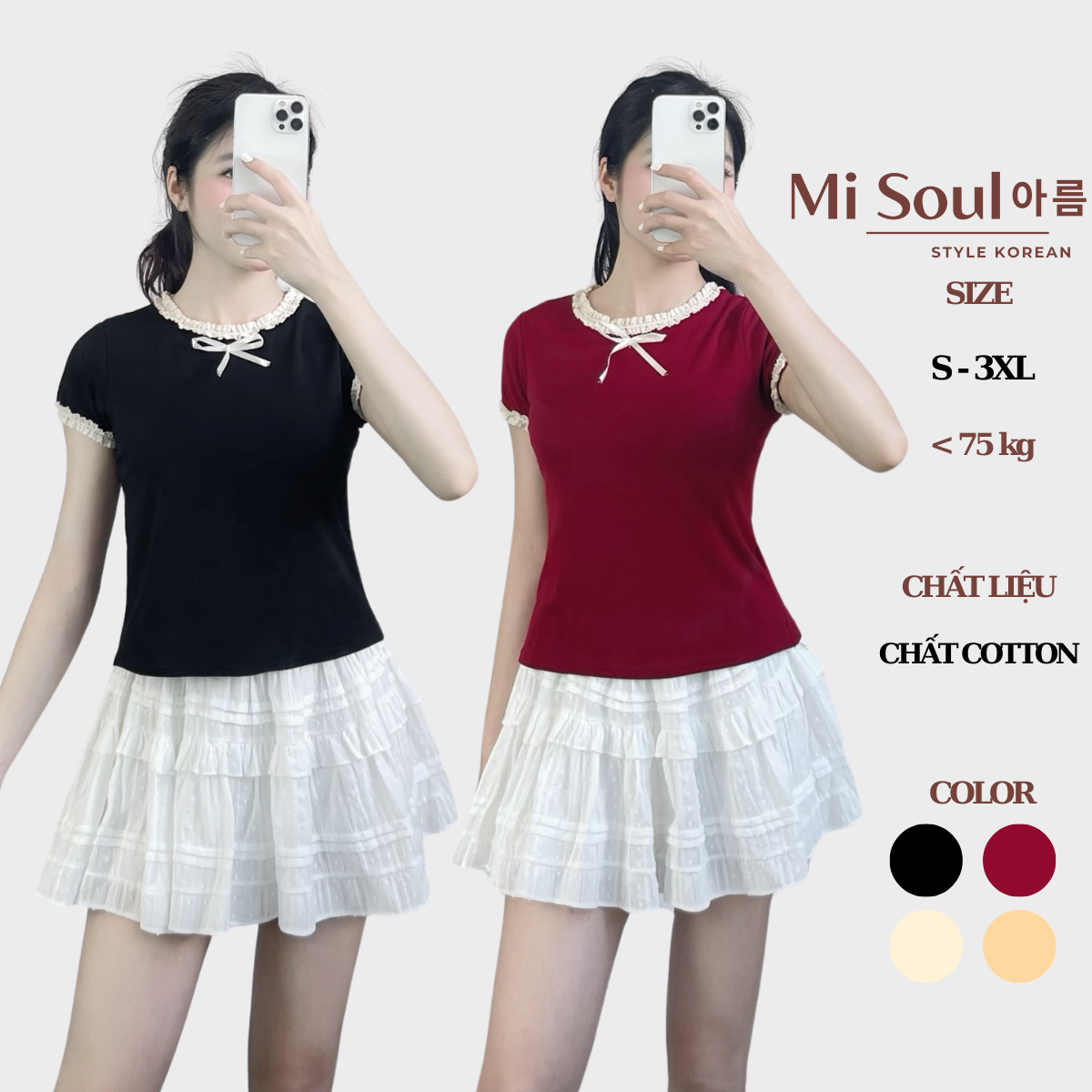 Áo Thun Đính Nơ Viền Ren Chất Liệu Cotton BigSize MiSoul, Áo Babytee Mix Viền Ren 300