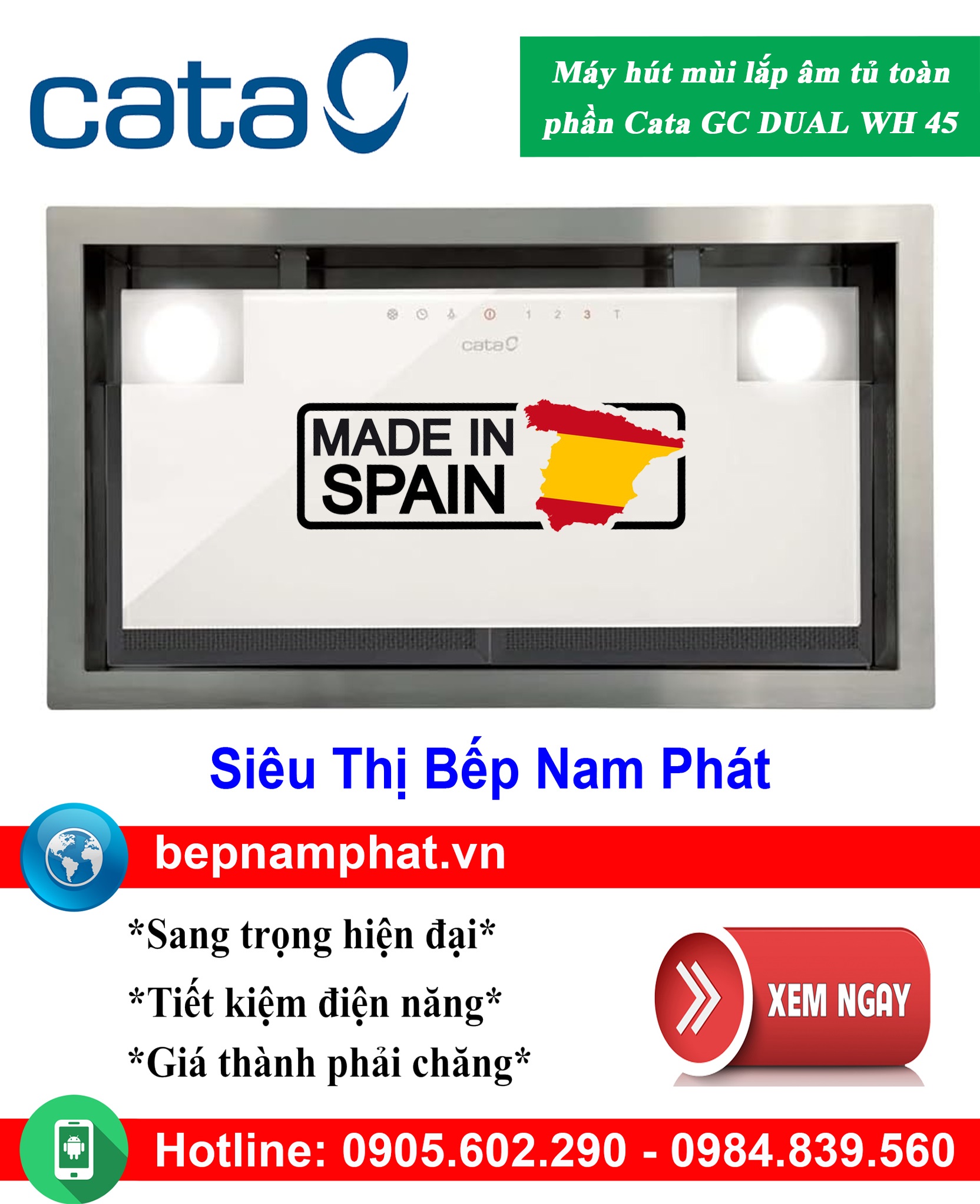 Máy hút mùi âm tủ Cata GC DUAL WH 45 - Inox sáng, 792x277x300mm
