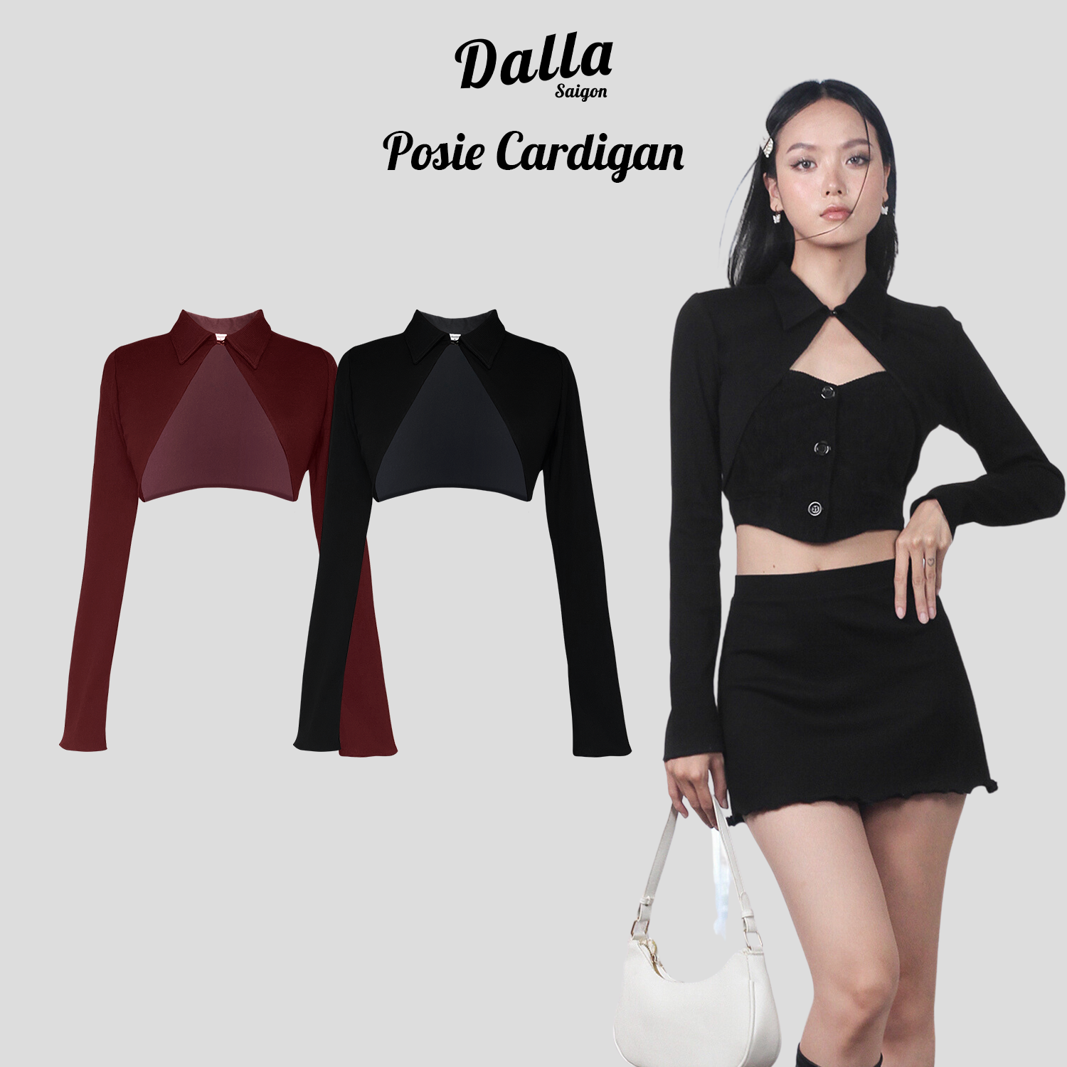 DALLA Áo cardigan croptop thun cổ sơ mi