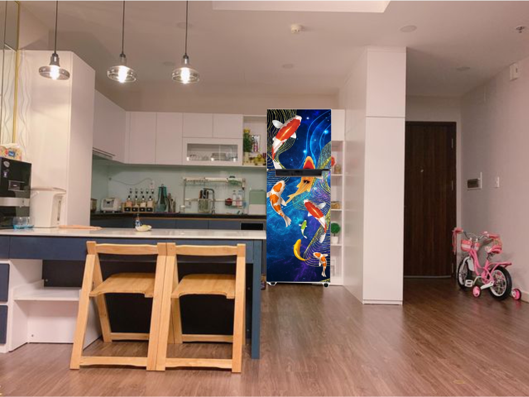 Miếng dán tủ lạnh 3D cá Koi không thấm nước siêu bền đẹp kèm dao cắt