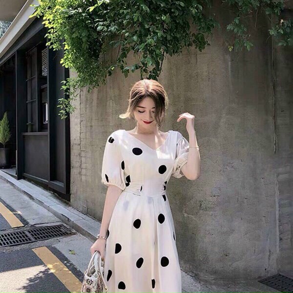 Đầm vintage phong cách hàn quốc chấm bi cột dây nơ sau dễ thương