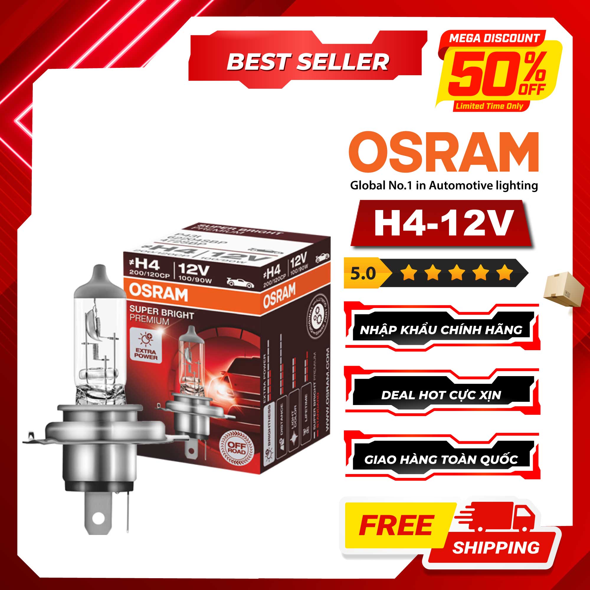 Bóng Đèn Halogen OSRAM Super Bright Premium H4 12V 100/90W - Nhập Khẩu Chính Hãng