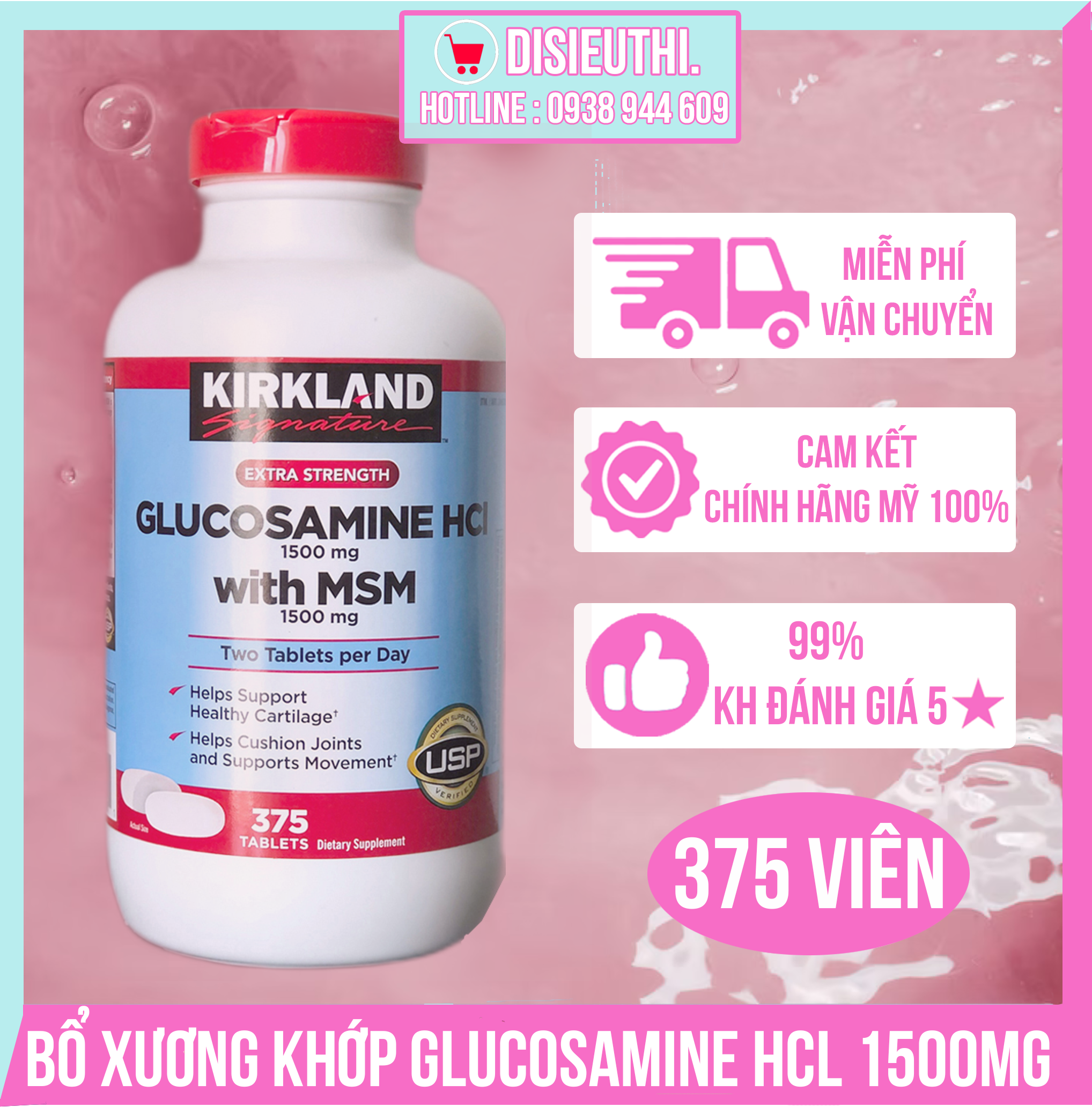 Viên Uống Bổ Khớp Glucosamine HCL 1500mg Kirkland With MSM 1500mg Hộp 375