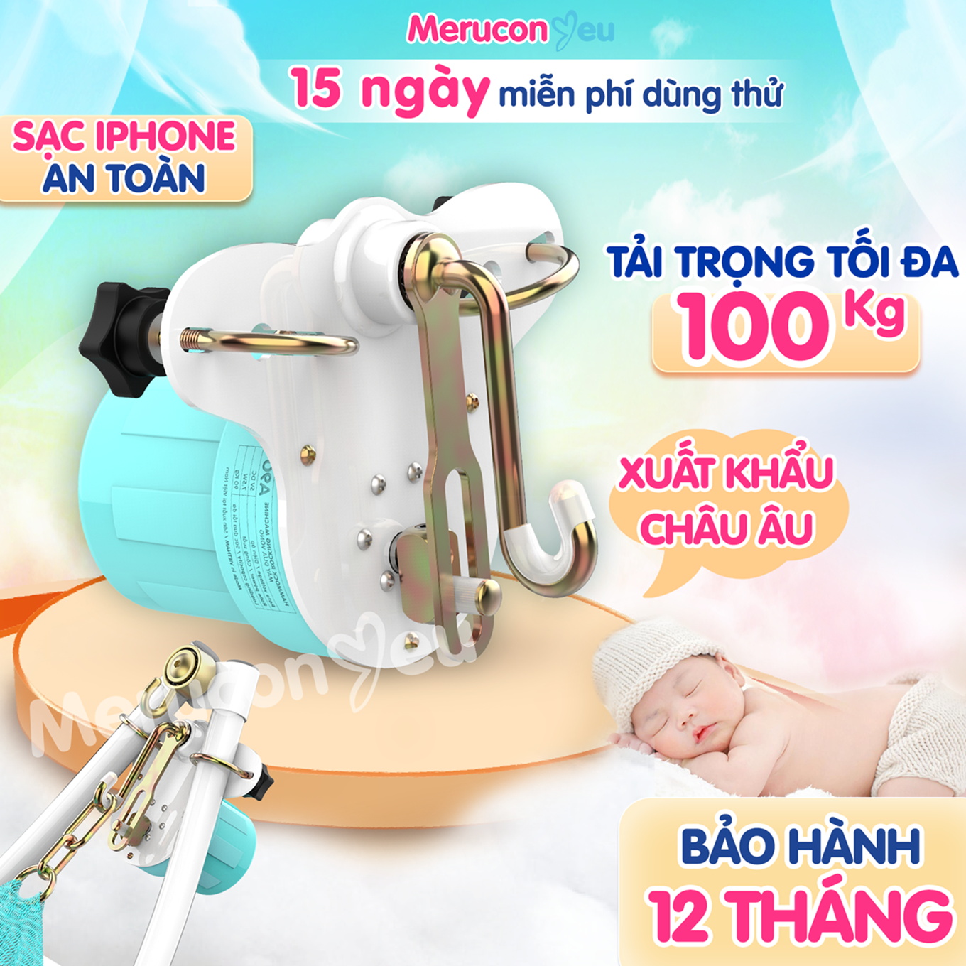 Máy đưa võng tự động Autoru A90 mẫu mới 2023 sức đưa 100Kg ru bé ngủ ngon, dùng sạc dự phòng 5V an toàn