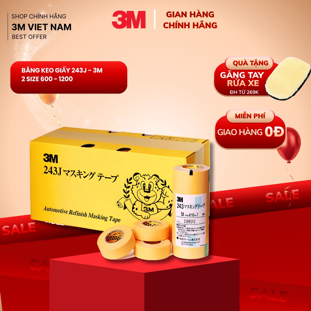 Băng keo giấy 3M 243J - khổ 20mm x18m (600) - 6 cuộn/ lốc