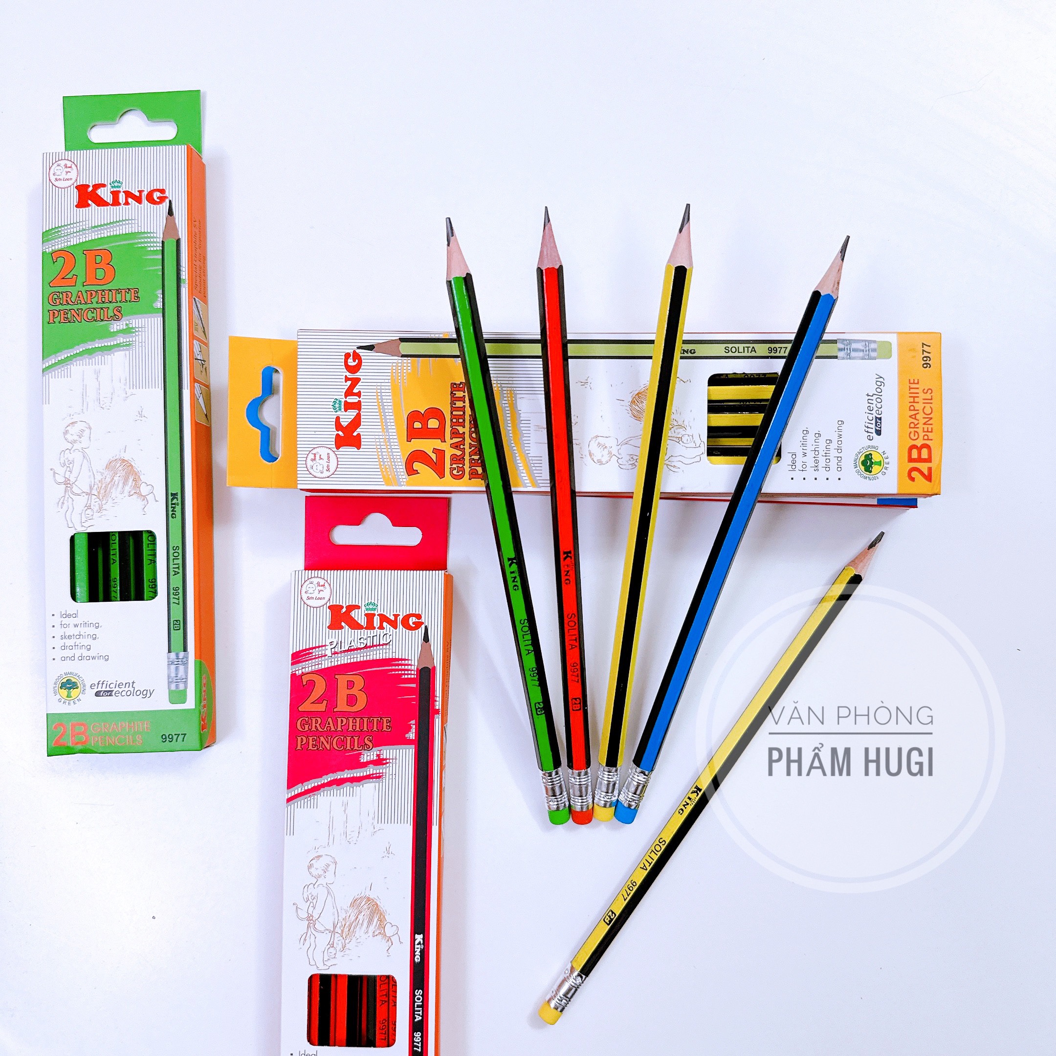 Hộp 12 cây bút chì đen ngòi 2b king-9977 đầu chì kèm tẩy