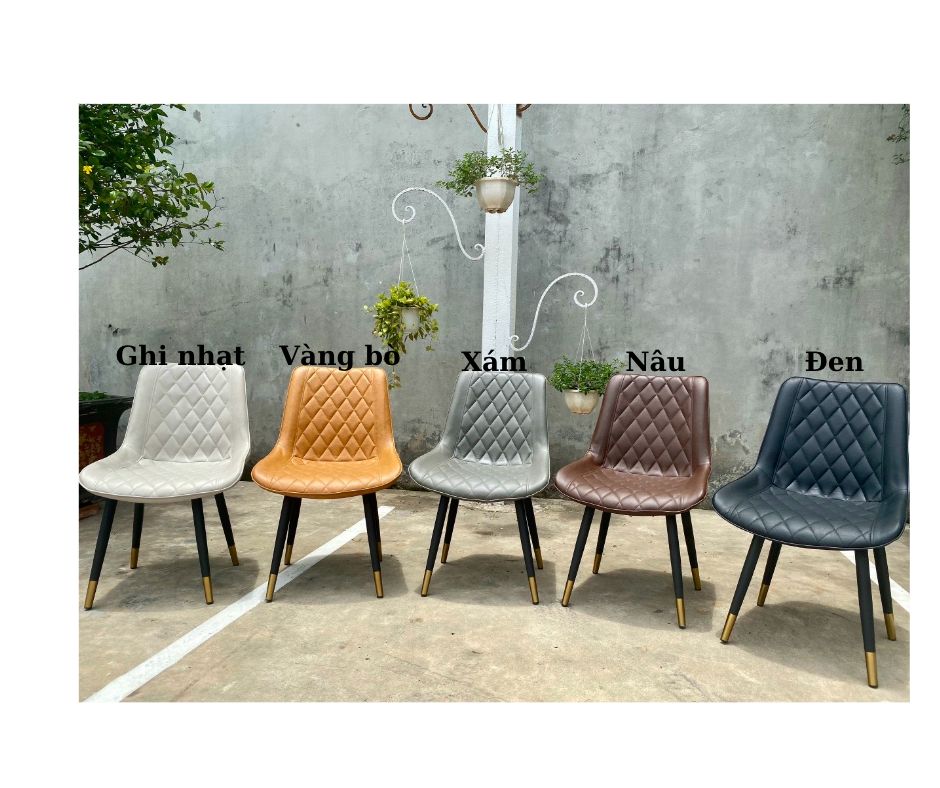 Ghế ăn cơm gia đình loft trám, bọc da chân sắt núm đồng, nhập khẩu cao cấp hiện đại sang trọng