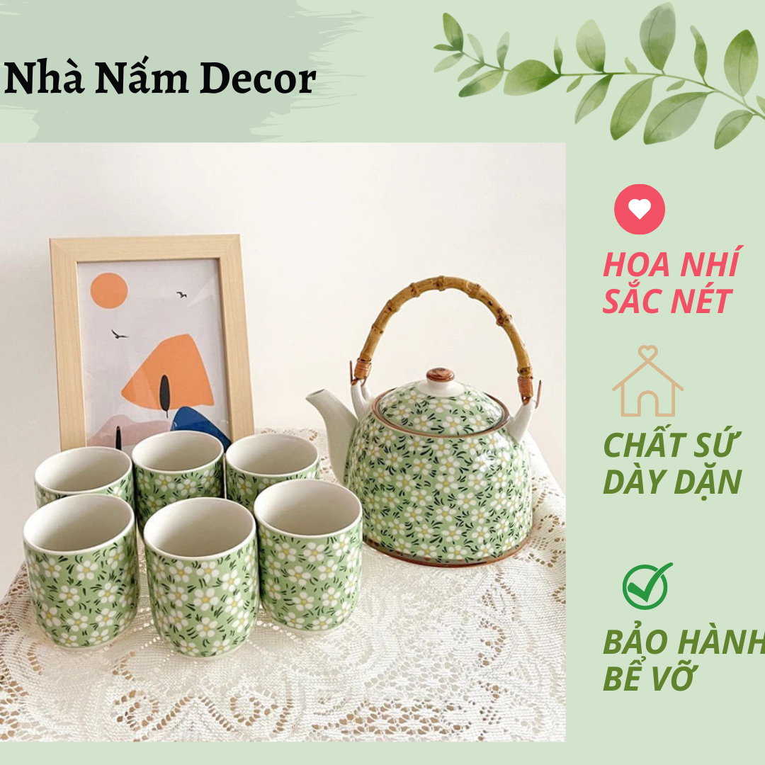 Bộ ấm trà 6 cốc, bộ cốc uống trà Hoa Nhí vintage, bộ trà có rây lọc dung tích 950ml uống trà