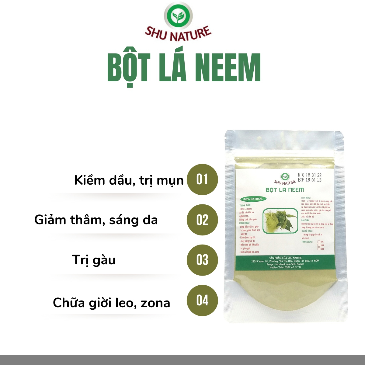 Bột lá neem đắp mặt SHU NATURE, giảm nhờn ngừa mụn, giảm gàu ngứa , 100% lá neem Ấn Độ,, không chất bảo quản